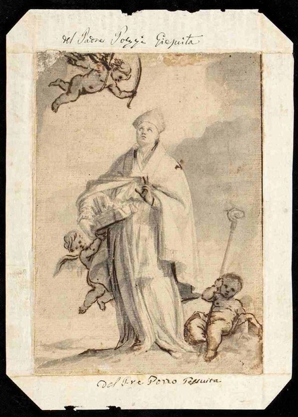 ANDREA POZZO (Trento, 1642 - Vienna, 1709), ATTRIBUITO : Vescovo con tre putti portatori della palma del martirio, del libro e del pasto...  - Auction Dipinti e Disegni dal XV al XIX secolo - Bertolami Fine Art - Casa d'Aste