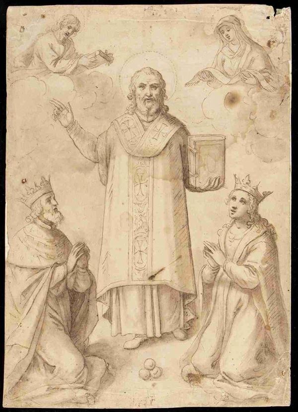 Pietro Novelli Il Monrealese : San Nicola di Bari con coppia di reali, Cristo e la Vergine tra le nubi...  - Asta Dipinti e Disegni dal XV al XIX secolo - Bertolami Fine Art - Casa d'Aste