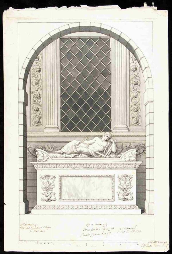 GIUSEPPE MUZZARELLI (Bologna, 1785 ca. - attivo fino al 1845) : Progetto per il monumento funebre di Salvatore Santini nel cimitero di Bologna...  - Asta Dipinti e Disegni dal XV al XIX secolo - Bertolami Fine Art - Casa d'Aste