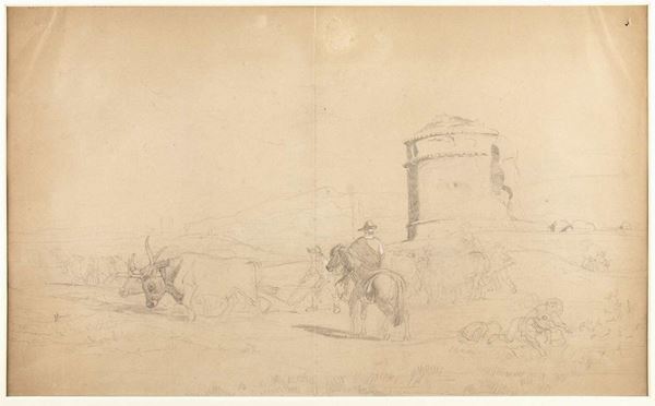 ENRICO COLEMAN (Roma, 1846 -1911) - Recto: Paesaggio della campagna romana con contadini, cavalli e buoi; verso: du...