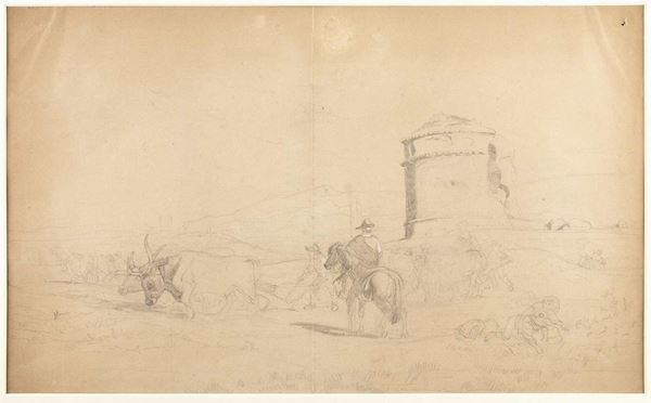 ENRICO COLEMAN (Roma, 1846 -1911) : Recto: Paesaggio della campagna romana con contadini, cavalli e buoi; verso: du...  - Asta Dipinti e Disegni dal XV al XIX secolo - Bertolami Fine Art - Casa d'Aste