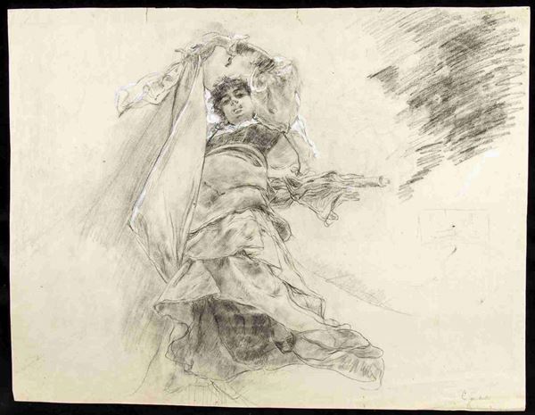 ANSELMO GUINEA Y UGALDE (Bilbao, 1854 - 1906) : Recto: danzatrice; verso: due figure abbracciate in volo...  - Asta Dipinti e Disegni dal XV al XIX secolo - Bertolami Fine Art - Casa d'Aste