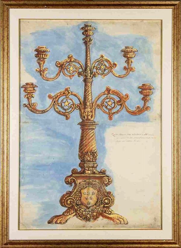 LUIGI VALADIER (Roma, 1726 - 1785), ATTRIBUITO : Candelabro a sette braccia con stemma  Altieri a sei stelle e cappello cardinal...  - Auction Dipinti e Disegni dal XV al XIX secolo - Bertolami Fine Art - Casa d'Aste