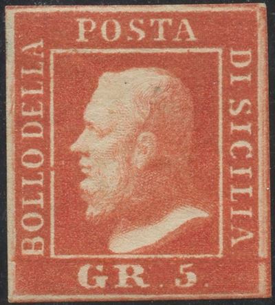 Emilio Diena, Alberto Diena, Sicilia, 5 gr. francobollo vermiglio vivo (1869/1859 ca.), n. 11a