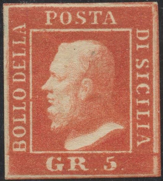Emilio Diena, Alberto Diena, Sicilia, 5 gr. francobollo vermiglio vivo (1869/1859 ca.), n. 11a