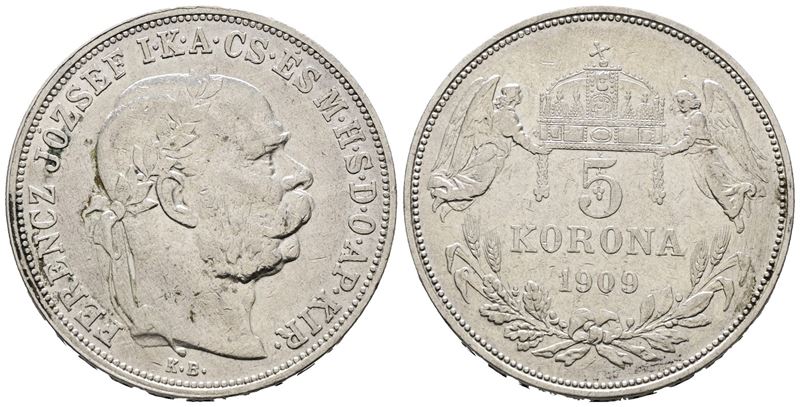 AUSTRIA. Francesco Giuseppe (1848-1916). 5 corone 1909 KM# 2807. Ag; 23,94gr