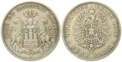 Germania. Amburgo. 5 Mark 1876 J. Km 287; Ag. 27,77gr