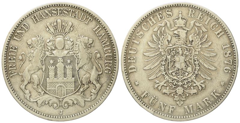Germania. Amburgo. 5 Mark 1876 J. Km 287; Ag. 27,77gr