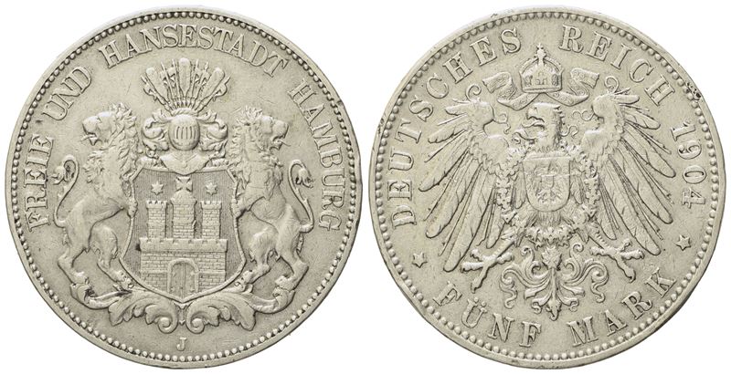 GERMANIA. AMBURGO. 5 Mark 1904 J. KM 610; Ag; 27,77gr. BB
