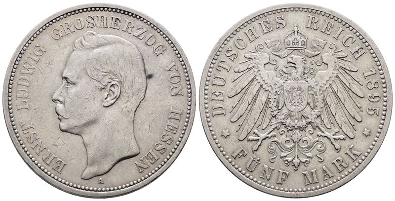 Germania. Hessen. Ernesto Luigi (1892-1918). 5 Marchi 1895. Km 369; Ag; 27,77gr