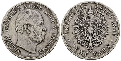 Germania. Guglielmo V di Prussia. 5 Marchi 1876. Km 503; Ag. 27,45gr.