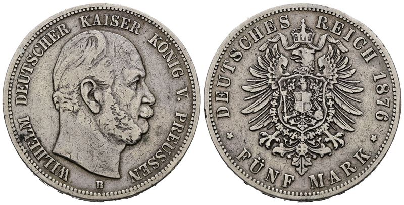 Germania. Guglielmo V di Prussia. 5 Marchi 1876. Km 503; Ag. 27,45gr.