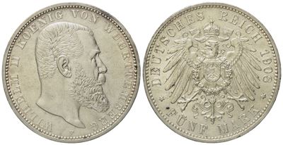 Germania. Wurttemberg. Guglielmo II (1891-1918). 5 Mark 1908. Km 632; Ag; 27,75gr. Fondi Lucenti