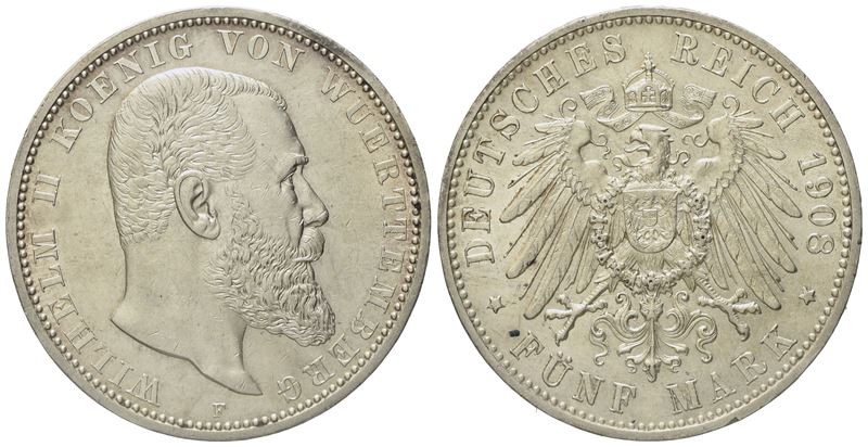 Germania. Wurttemberg. Guglielmo II (1891-1918). 5 Mark 1908. Km 632; Ag; 27,75gr. Fondi Lucenti
