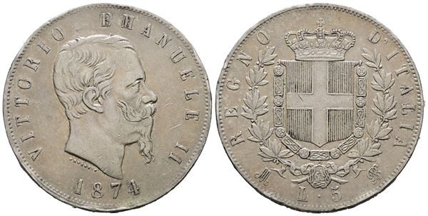 REGNO D'ITALIA.MILANO. Vittorio Emanuele II (1861-1878). 5 Lire 1874. Gig. 48;  Ag; 25gr