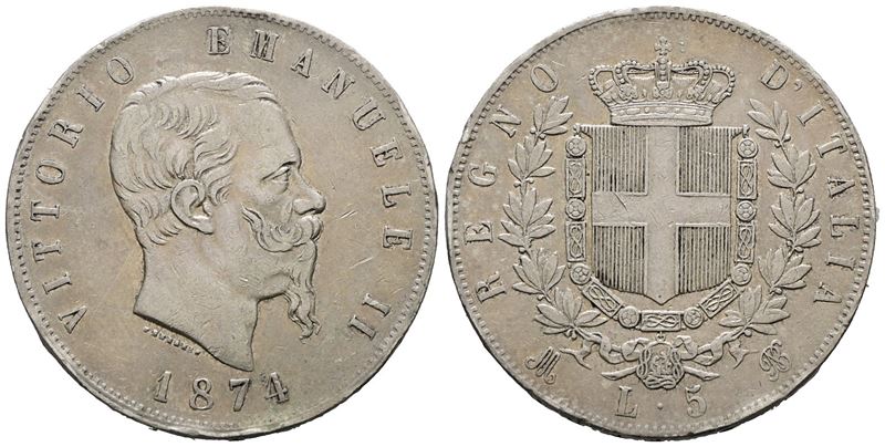 Regno D'italia. Milano. Vittorio Emanuele II (1861-1878). 5 Lire 1874. Gig. 48; Ag; 25gr. Bb, Col...