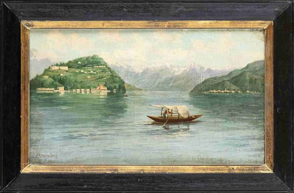 ANTONIETTA BRANDEIS (Miskowitz, 1848 - Firenze, 1926) : Veduta di lago alpino con imbarcazioni...  - Asta Dipinti e Disegni dal XV al XIX secolo - Bertolami Fine Art - Casa d'Aste