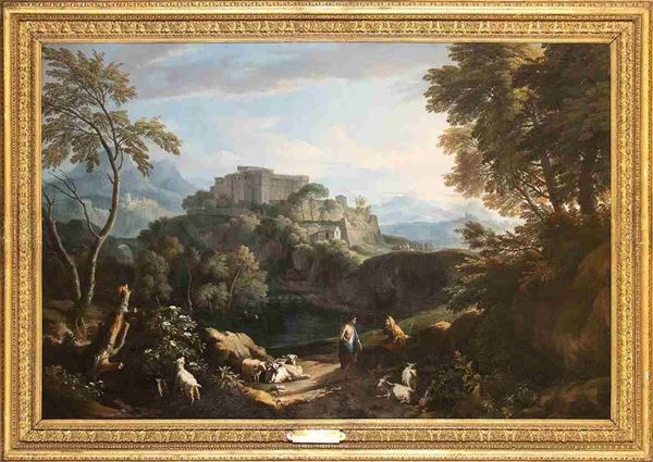 Jan Frans van Bloemen l'Orizzonte : Paesaggio laziale di fantasia con pastori e gregge e il Belvedere Vaticano sull...  - Auction Dipinti e Disegni dal XV al XIX secolo - Bertolami Fine Art - Casa d'Aste