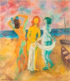 ADRIANA PINCHERLE (Firenze, 1905 - 1996) : Ragazze al mare, 1992  - Olio su tela, 75 x 65 cm - Asta Dipinti, Disegni e Sculture dal XIX al XXI secolo e Collezione Cornelio Di Marzio - Bertolami Fine Art - Casa d'Aste