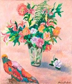 ADRIANA PINCHERLE (Firenze, 1905 - 1996) : Fiori e pappagallo, 1989...  - Asta Arte Moderna e Contemporanea - Pittura, Scultura, Arti decorative e Disegni dal XIX al XXI secolo - Bertolami Fine Art - Casa d'Aste