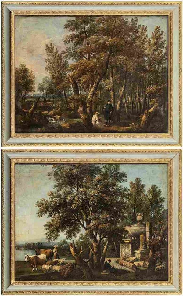 Coppia di dipinti:a) Paesaggio con pastore, armenti, rovine classiche e corso d...  - Auction Dipinti e Disegni dal XV al XIX secolo - Bertolami Fine Art - Casa d'Aste