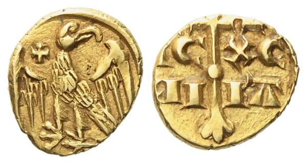 MANFREDONIA. Manfredi (1258 - 1266). Tarì (coniato tra il 1263 e il 1266). Au (0,73 g; 9 mm)  - Asta Monete e medaglie medievali e moderne italiane ed estere - Bertolami Fine Art - Casa d'Aste