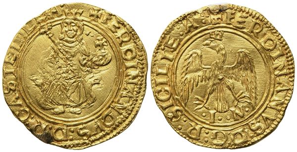 MESSINA. Regno di Sicilia. Ferdinando II il Cattolico (1479-1516). Trionfo. Au (3,46 g; 23 mm)  - Asta Monete e medaglie medievali e moderne italiane ed estere - Bertolami Fine Art - Casa d'Aste