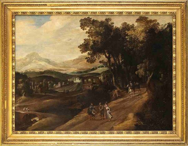 GILLIS VAN CONINXLOO (Anversa, 1544 &#8211; Amsterdam, 1607), ATTRIBUITO : Paesaggio boschivo con figure e la parabola dei ciechi...  - Auction Dipinti e Disegni dal XV al XIX secolo - Bertolami Fine Art - Casa d'Aste