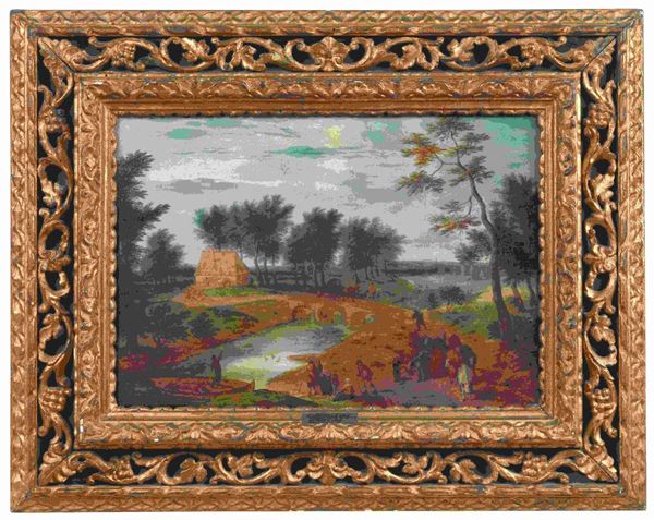 CERCHIA DI JAN BRUEGHEL IL GIOVANE (Anversa, 1601 - 1678) : Paesaggio fluviale con astanti...  - Auction Dipinti e Disegni dal XV al XIX secolo - Bertolami Fine Art - Casa d'Aste