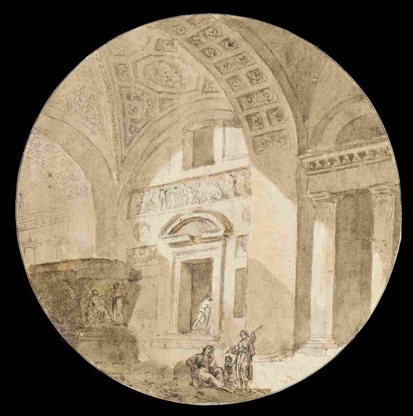 Interno di basilica classica con figure...  - Auction Dipinti e Disegni dal XV al XIX secolo - Bertolami Fine Art - Casa d'Aste