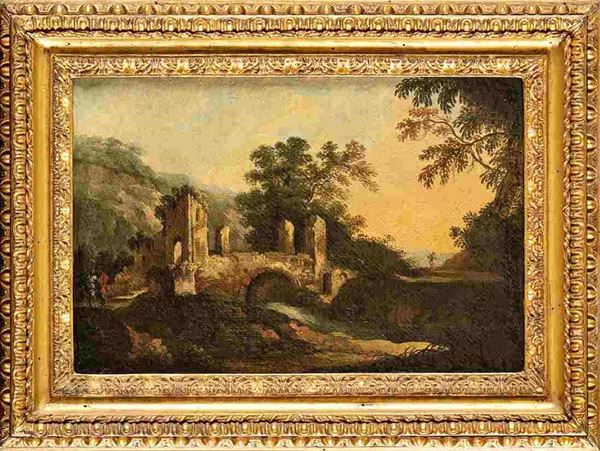 Paesaggio con ponte, corso d'acqua e viandanti...  - Asta Dipinti e Disegni dal XV al XIX secolo - Bertolami Fine Art - Casa d'Aste