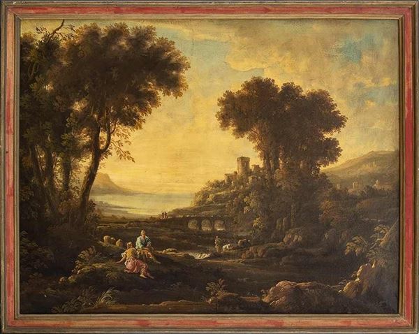 Paesaggio con ponte, corso d'acqua e pastori in primo piano...  - Asta Dipinti e Disegni dal XV al XIX secolo - Bertolami Fine Art - Casa d'Aste