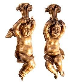 Coppia di putti alati italiani in legno dorato - fine XVII inizio XVIII secolo...  - Auction  Mobili e Oggetti d'arte dal XVII all'inizio del XX secolo - Bertolami Fine Art - Casa d'Aste