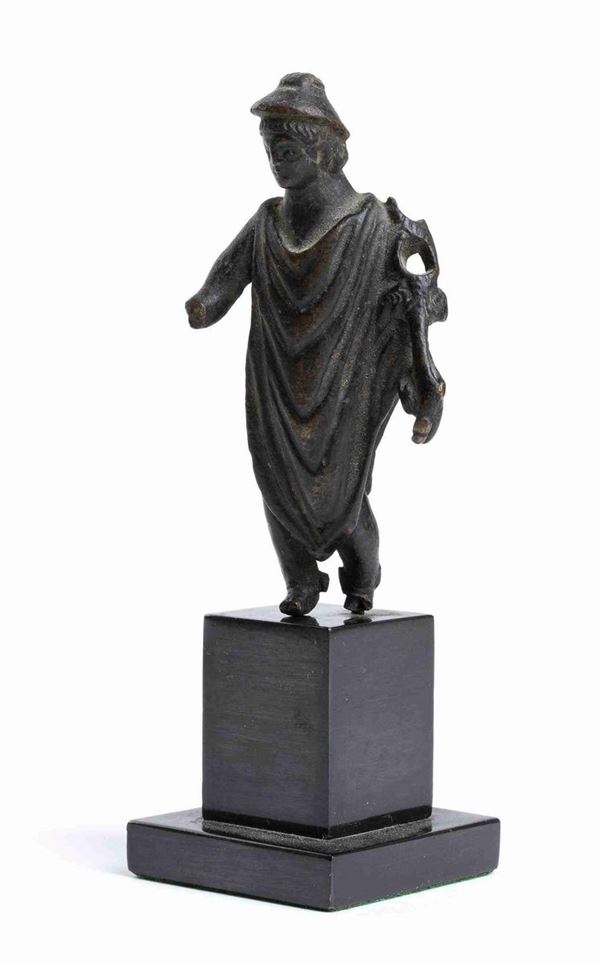 MERCURIO
Epoca romana imperiale, ca. II secolo d.C.
Fusione piena in bronzo; al...