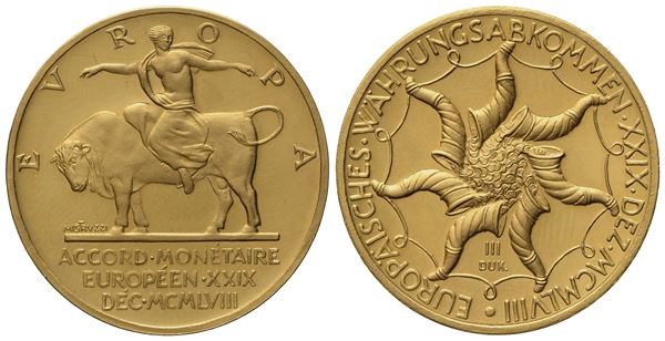 ITALIA. Medaglia "3 Ducati". Accordo Monetario Europeo 1958. Opus: Mistruzzi. Au (10,49 g; 25 mm)  - Asta Monete e medaglie medievali e moderne italiane ed estere - Bertolami Fine Art - Casa d'Aste