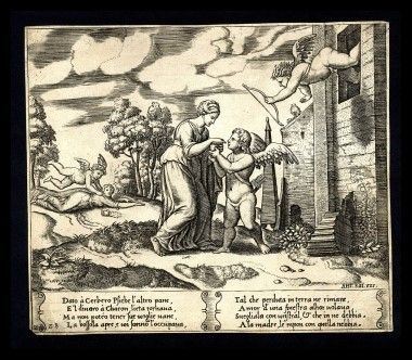 Agostino Veneziano detto Agostino dei Musi - La Favola di Amore e Psiche: Amore vola in soccorso di Psiche...