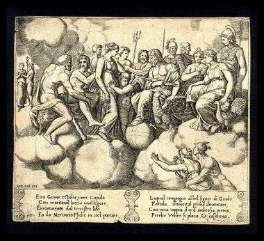 Agostino Veneziano detto Agostino dei Musi - La Favola di Amore e Psiche: Venere ed Amore davanti gli altri Dei...