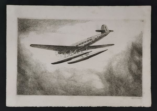 Idrovolante in volo: Ala Littoria I - FANO - 1938...  - Etching, cm 45,2x32 - Auction STAMPE, LIBRI E CARTE GEOGRAFICHE  - Bertolami Fine Art - Casa d'Aste