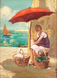 ATTILIO ACHILLE BOZZATO (Chioggia, 1886 - Cremona, 1954) : Eggs seller on the seashore  - Oil on board, 59,5 x 45,5 cm - Auction Dipinti, Disegni e Sculture dal XIX al XXI secolo e Collezione Cornelio Di Marzio - Bertolami Fine Art - Casa d'Aste