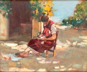 ATTILIO ACHILLE BOZZATO (Chioggia, 1886 - Cremona, 1954) - Woman sitting in a farmyard