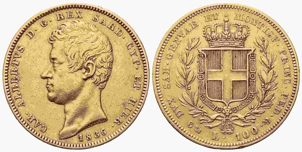 REGNO DI SARDEGNA. Carlo Alberto (1831-1849). 100 lire 1836. Genova. Au (34 mm ...  - Asta Monete e medaglie moderne Italiane ed Estere - Bertolami Fine Art - Casa d'Aste