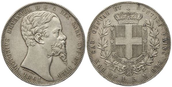 REGNO DI SARDEGNA. Torino. Vittorio Emanuele II (1849-1861). 5 Lire 1861. Ag (25 g; 37 mm)  - Asta Monete e medaglie medievali e moderne italiane ed estere - Bertolami Fine Art - Casa d'Aste