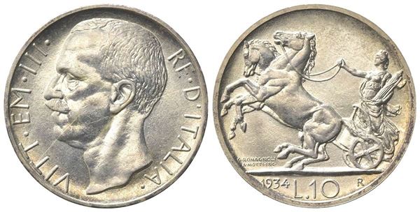 Vittorio Emanuele III (1900-1943). 10 Lire 1934. Ar (26.5mm, 10.00g). Roma. Pag...