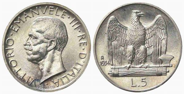 Vittorio Emanuele III (1900-1943). 5 Lire 1934. Ar (23mm, 5.00g). Roma. Pagani ...  - Auction Monete e medaglie moderne Italiane ed Estere - Bertolami Fine Art - Casa d'Aste