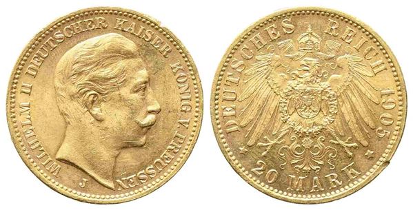 GERMANIA. Prussia. Guglielmo II (1888-1918). 20 marchi 1905 J. Au (7,97 g). qFD...  - Auction Monete e medaglie moderne Italiane ed Estere - Bertolami Fine Art - Casa d'Aste