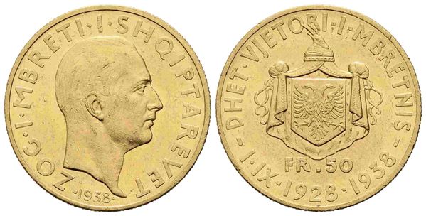 ALBANIA. Amet Zogu (1925-1939). 50 Franga Ari 1938. Au (28mm – 16,16 g). KM#25;...