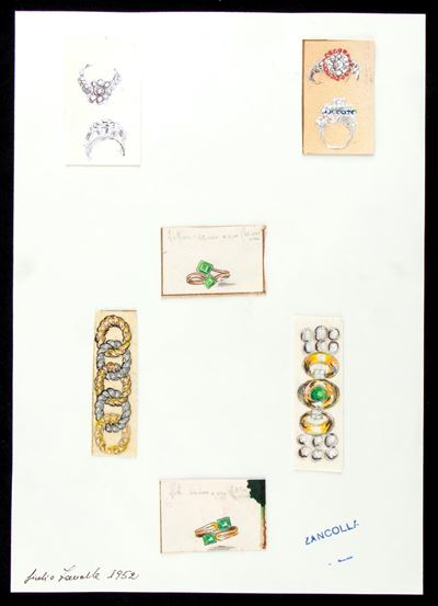 Progetto per anelli e bracciali (anni ’50) – tecniche miste su velina applicata su cartoncino