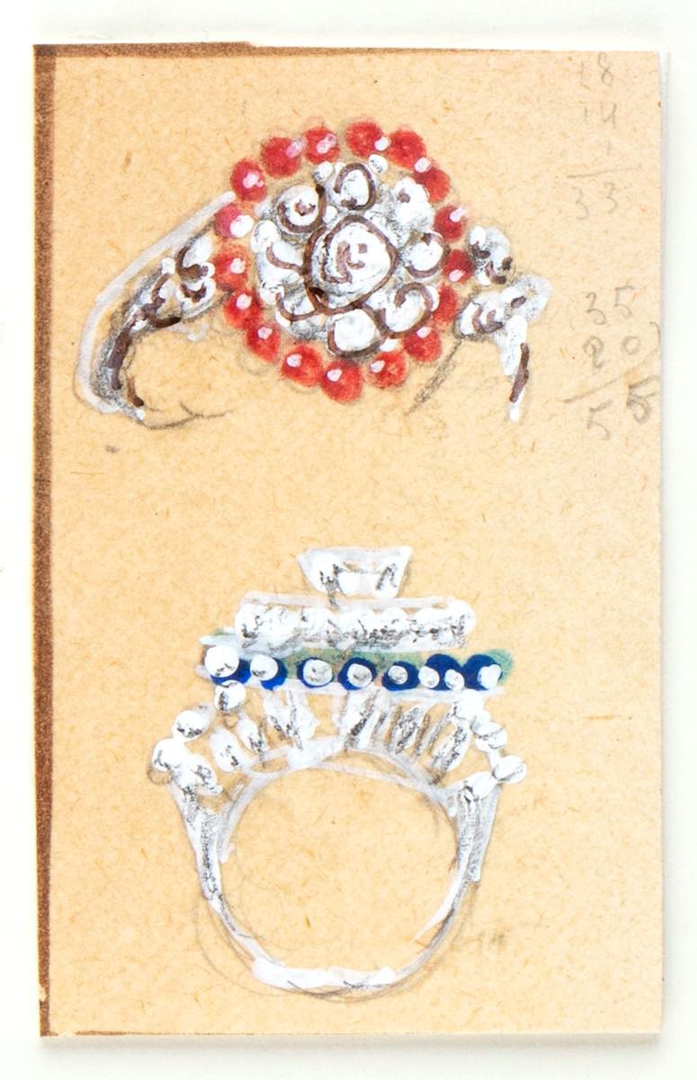 Giulio Zancolla - Progetto per anelli e bracciali (anni ’50) – tecniche miste su velina applicata...