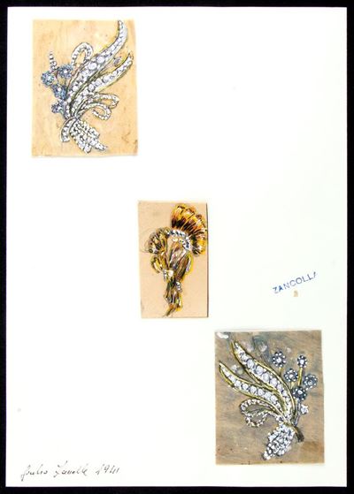 Progetto per tre spille floreali (tecniche miste su velina e cartoncino)