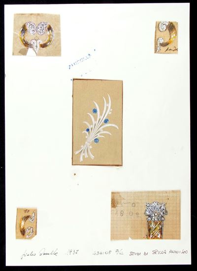 Progetti per cinque spille (disegni, tecnica mista su velina e cartoncino)